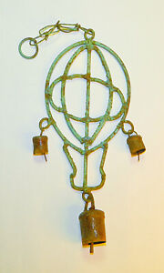 Wrought Iron Wind Chimes With Cow Bells Weathered Patina Rustic Hot Air Balloon
