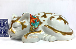Antique Kutani Sleeping Cat Life Size Heavy Porcelain Gold Details Japan