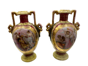 Beautiful Pair Of 5 High Royal Vienna Style Urns Multicolor Gold Mint Cond 
