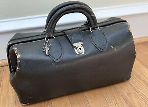 Vintage Doctor Bag Medical Black Cowhide Leather Handbag Complete W Original Key