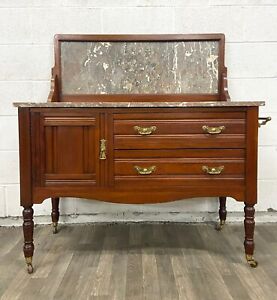 Antique Victorian Marble Top Washstand Sideboard Buffet Server With Towel Bar