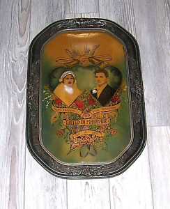 Antique Commemorative Portrait Marriage Certificate Bubble Glass Gesso Frame 33
