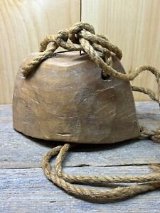 Great Find Antique Primitive Farm Cow Bell Hand Carved Wood