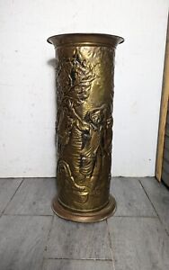 Vintage English Brass Umbrella Cane Stand Embossed Repousse Relief England