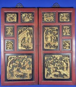 Antique Chinese Dynasty Hand Carved Gold Gilded Red Lacquer Pair Of Wood Panel