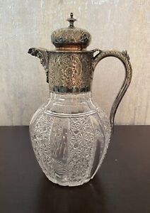 Vintage Crystal Claret Jug With Silver Plated Top Cut Crystal Body