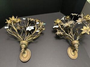 Antique French Gilt Bronze Porcelain Lily Flower Wall Sconces Losses No Wiring