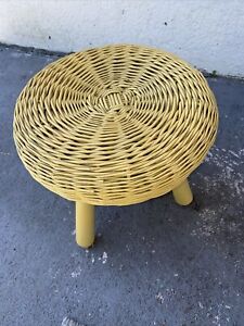 Wicker Tripod Stool Chair Footstool Yellow Vintage Wood
