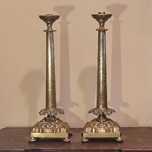 Antique European Engraved Repousse Pair Of Large Brass Footed Candlesticks
