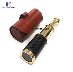 6 Handheld Brass Spyglass Telescope With Cylindrical Leather Brown Bag 