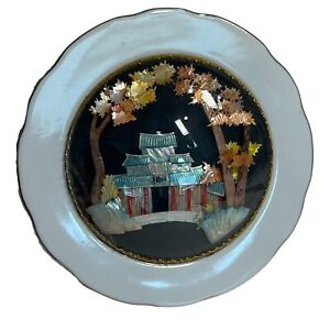8 Vintage Zhuzhou China Abalone Ceramic Plate With Gold Ribbon Bubble Glass