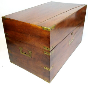 Antique Camphor Wood Campaign Chest Trunk 2ft W Recessed Brass Handles Accents