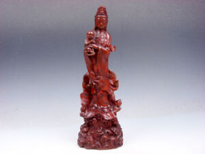 Vintage Solid Rosewood Highly Detailed Hand Carved Kwan Yin Buddha Holding Baby