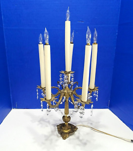 Antique Ornate Brass Candelabra With Hanging Crystals Electrified