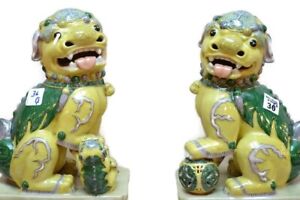 Antique Large Pair Of Porcelain Famille Verte Foo Dogs Chinese Circa 1900