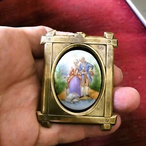 Antique Porcelain Miniature Plaque Oval C 1890 Brass Frame Lady Man Portrait