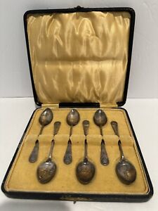 Vintage Set Of 6 English Silver 4 Spoons In Case Monogrammed
