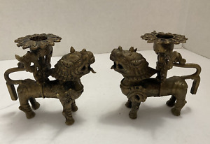Antique Set Of Brass Chinese Dragon Foo Dogs Candle Holders
