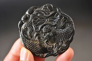 Unique Chinese Old Jade Hand Carved Lotus Leaf Fish Pendant Z3