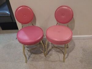 2 Vintage Pink Vinyl Gold Brass Vanity Chair Hollywood Regency Boudoir Stool