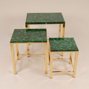 Vintage Malachite Marble Table Gold Gilded Brass Nesting Tables 1970s Set Of 3