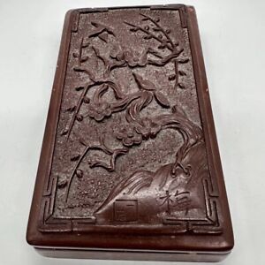 Japanese Chinese Ink Stone Carved Case Box Birds Flowers Heavy Antique Vintage