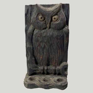 Late 19th C Primitive Hand Carved Cedarwood Owl Pipe Holder Signed