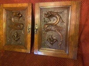 Antique Renaissance Style Wooden Panels Cabinet Doors Gargoyles Dragons Gothic