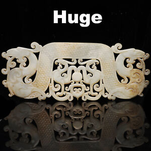 Pxstamps Large Antique Style Chinese Hand Carving Dragon Real White Hetian Jade