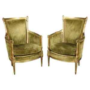 Pair Of Smaller French Gilded Carved Directoire Bergere Chairs In Green Velvet