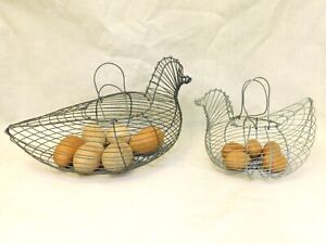 2 Primitive Vtg Egg Gathering Basket Wire Chicken Hen W Wooden Eggs Lot