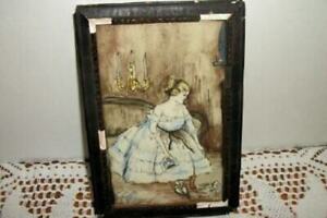 Antique Miniature Portrait Painting Crinoline Lady Drawing Watercolor Signed