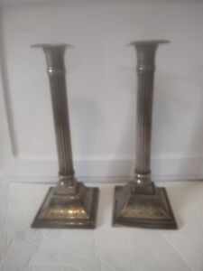 Pair Of Faux Silver Plated Column Candlesticks Etched Decoration And Beaded