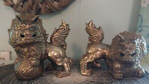 Vintage Brass Chinese Foo Dog Guardian Lions Pair Buddhist Shishi Mythical Decor