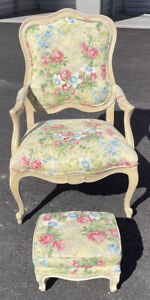 Ethan Allen Country French Chair With Matching Ottoman Floral Distressed Fancy