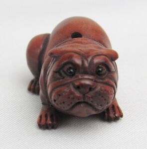 Vintage Japanese Hand Carved Boxwood Bulldog Dog Signed 1 1 8 Netsuke