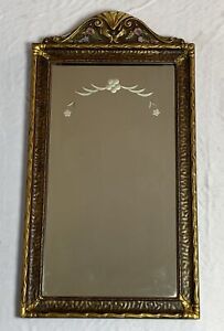 Antique Art Deco Gold Gilt Painted Gesso Wood Wall Mirror Etched 23 X12 5 
