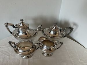 Vtg Wallace Epns 4 Piece Silverplate Tea Pot Set Silver Soldered Base Art Deco