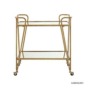 Bar Cart Storage Utility Serving Kitchen Glass Top Gold Castors Wheels Metal