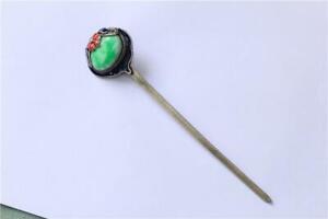 6 1 Exquisite Chinese Antique Copper Inlay Jade Handmade Cloisonne Hairpin