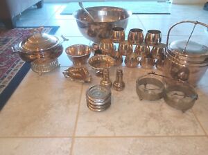 Large Silver Punch Bowl Set With Serving Items