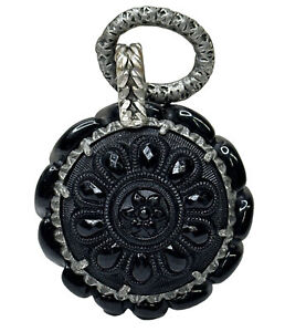 Antique Victorian Black Glass Pewter Floral Button Converted To Pendant 1 75 