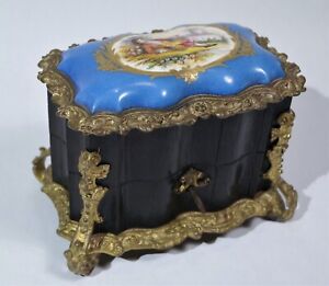 Sevres Style French Gilt Bronze Mounted Wood Porcelain Perfume Lock Casket