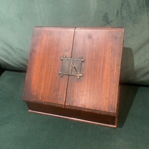Antique Wooden Mahogany Stationary Post Box Desktop Storage Letter Rack W Key