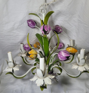 Vintage 6 Arm Tole Metal Chandelier Multi Color Tulip Flowers Leaves Mcm