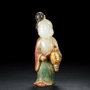 4 8 Tang Dynasty Natural Hetian Jade Painted Beauty Girl Lantern Figures Statue