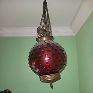 Ca 1910 Antique Victorian Cranberry Hobnail Hanging Oil Lamp Chandelier Complete