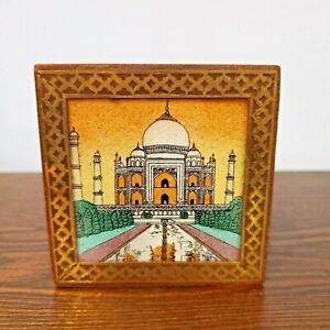 Taj Majal Souvenir Box Trinket Wood Sand Colored Sand Glass Inlaid Metal