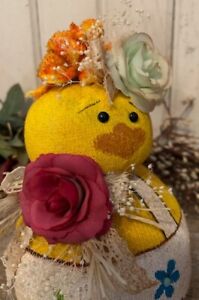 Ooak Handmade Folk Art Easter Yellow Ducky Primitive Spring Flower Doll