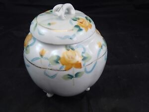 Early Hand Painted Porcelain Covered Biscuit Jar Roses Beaded Gold